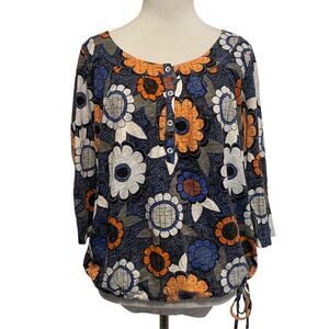 Next Floral Top Womens Size 10 Blue Orange White Mod Cotton Casual Henley Blouse